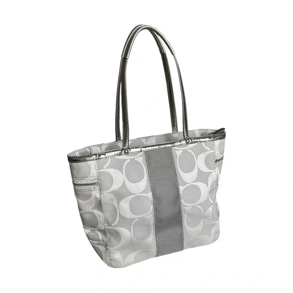 Coach Signature Stripe Tote Risotto Gray Jacquard Fabric & Silver Patent - Picture 2 of 10